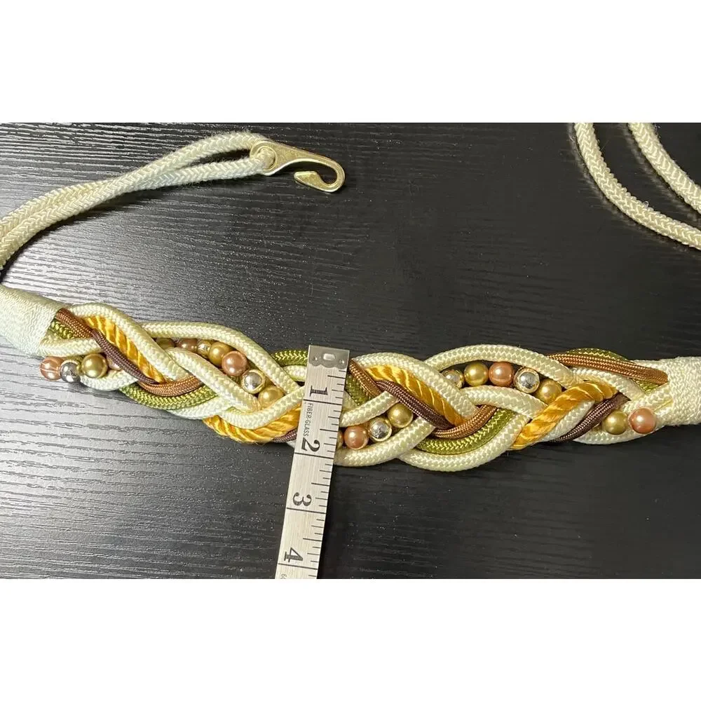 Vintage 80's Earthy Tones Braided Rope Belt With Beaded Details